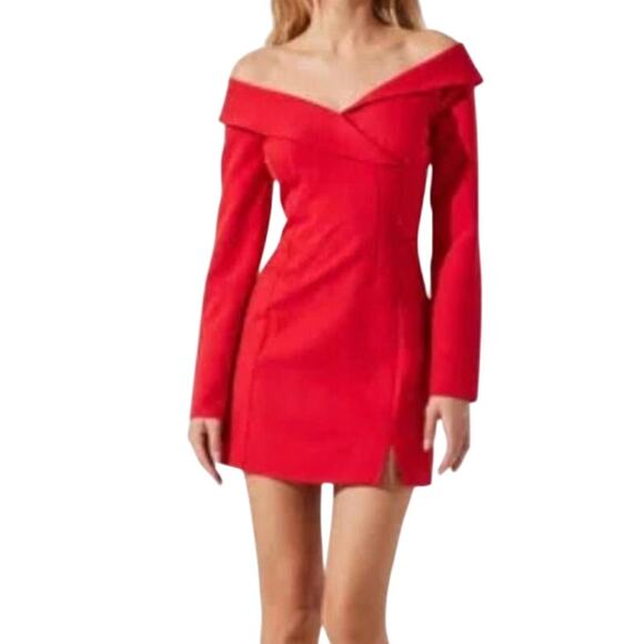 Astr the Label off the shoulder tuxedo collar long sleeve dress red size Large L - Picture 1 of 8